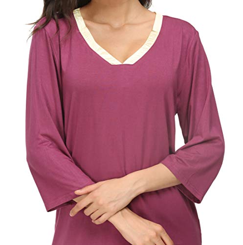 Invug Women 3/4 Long Sleeve Shirt Pants Set Sleepwear V Neck Long Pajamas Loungewear Dark Rose S - Thumbnail 7