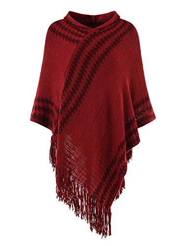 Ferand Women's Cozy Zigzag Poncho Sweater Lightweight Fringe Cape Cloak with Hood, One size, Burgundy - Thumbnail 7