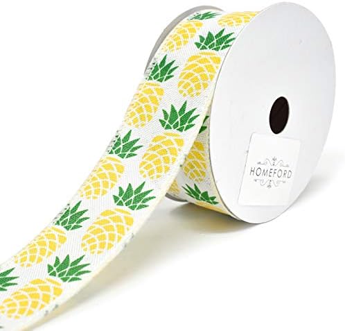 Homeford Pineapple Printed Wired Linen Ribbon, White, 1-1/2-Inch, 10-Yard