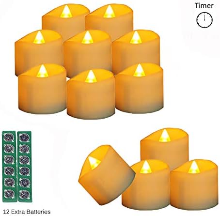 Micandle 12Pack LED Timer Candle with Extra 12 Batteries,6 Hours on and 18 Hours Off in 24 Hours Cycle,Wave Yellow Flicker Flameless Timer Tea Lights for Christmas Wedding Party
