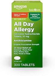 Amazon Basic Care All Day Allergy, Cetirizine Hydrochloride Tablets, 10 mg, Antihistamine, 300 Count