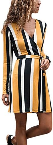TIFENNY Sexy New Dress Women's V-Neck Flare Sleeve Cross Ruffles Polka Dot Print Swing Casual Mini Dress Stripe Tops