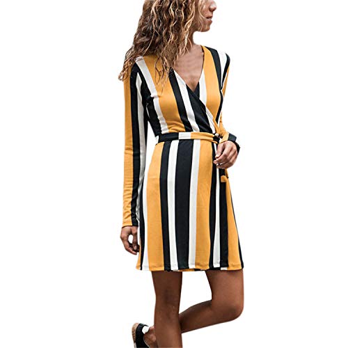 TIFENNY Sexy New Dress Women's V-Neck Flare Sleeve Cross Ruffles Polka Dot Print Swing Casual Mini Dress Stripe Tops