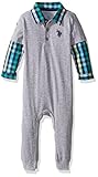 U.S. Polo Assn. Baby Boys' Long Sleeve 2 Fer Romper, Medium Heather Gray, 3-6 Months