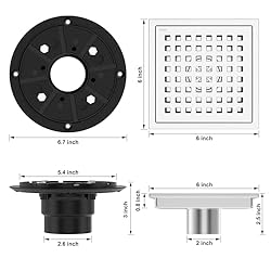 Iriber 6 Inch Square Shower Floor Drain with PVC