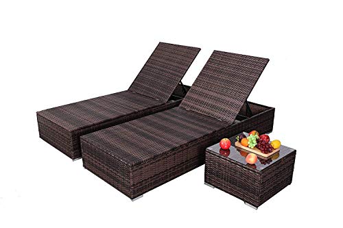 Do4U 3 Pieces Outdoor Chaise Lounge - Easy to Assemble Chaise Longue - Thick & Comfy Cushion Wicker Lounge Chairs Include 1 Table and 2 Chaise Lounge- Mix Rattan with Light Brown Cushion (7333-MIX)