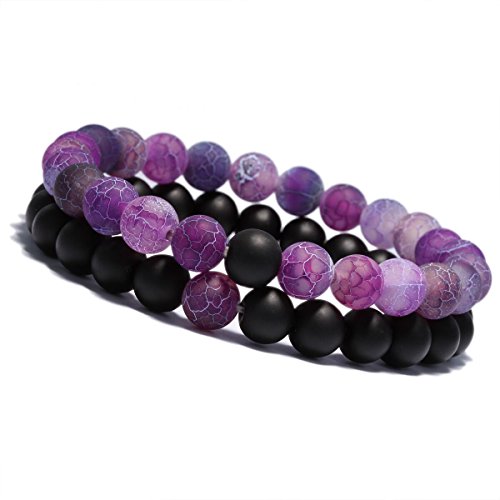 YUXI Mens Womens Bangle Couples His and Hers Bracelets Black Matte Agate & White/Blue Beads Yin and Yang Bracelet Set 8MM of 2 PCS