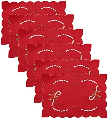 Katesid Pack of 6 Christmas Table Mats Embroidered Red Felt Christmas Placemats Coasters Set Santa Claus Crutch Bell Table covers Xmas Decors