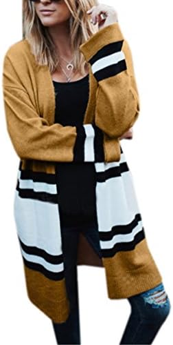 Womens Long Cardigans Yellow Color Block Open Front Long Sleeve Kint Cardigan Sweaters By SUNMMWERY