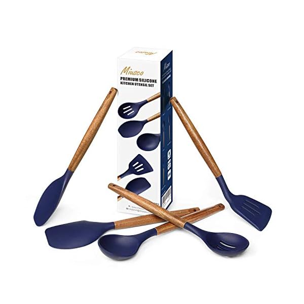 Miusco Non-Stick Cooking Utensils, Silicone Kitchen Utensils Set with Natural Acacia Hard Wood Handle, 5 Piece, Midnight…