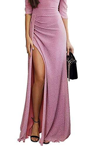 High Slit Maxi Floor Dress for Womens Long Elegant Metaillic Ruched Bodycon 3/4 Sleeves Evening Party Wedding Dress Medium (US 8-10) L-light Purple
