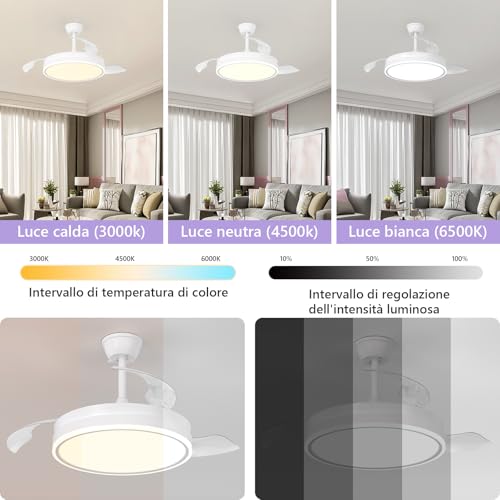 Tealight Plafoniera con Ventilatore a Scomparsa con Telecomando, LED Lampada con ventilatore da soffitto con Dimmerabile, Silenzioso, 6 Velocità, Motore DC Reversibile, per camere da letto, Soggiorni