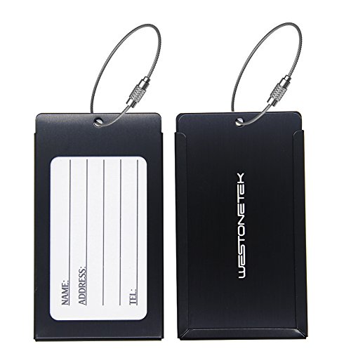 Pack of 2 Luggage Tags, Aluminum Metal Travel ID Tag Business Card Holder Name Address Identifier Labels Suitcase Label with Steel Cable for Baggage Bag, Black