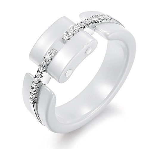 Brand New Amazing Jewelry Fashion White Ceramic Ring for Women Sterling Silver Loop Crystal Personalized Finger Band 6mm Width, Comfort Fit Size US Size 6, 7, 8