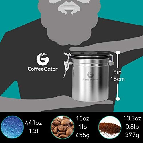 Coffee Gator Stainless Steel Container - Fresher Beans and Grounds for Longer - Canister with Date Tracker, CO2-Release Valve and Measuring Scoop - Medium - Silver - Thumbnail 2
