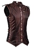 Charmian Men's Spiral Steel Boned Victorian Steampunk Gothic Retro Stripe Waistcoat Vest with Chain Brown Large