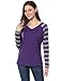 Allegra K Women's Striped T-Shirt Color Block Long Raglan Sleeve V Neck Baseball Tee Shirt Top Medium Purple
