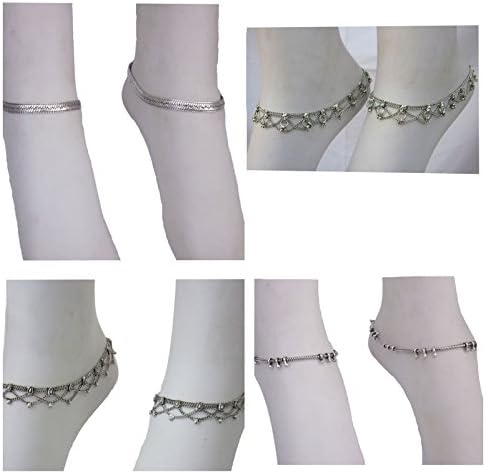 IndiaStop 4 Pairs - 8 pc - Chain Fringe Anklet Bracelet - Gypsy Hippie Tribal Vintage Barefoot Sandals - Ankle Foot Jewelry - Gift - Soldered Artisan Handmade Jewelry Plated Silver Oxidized finish