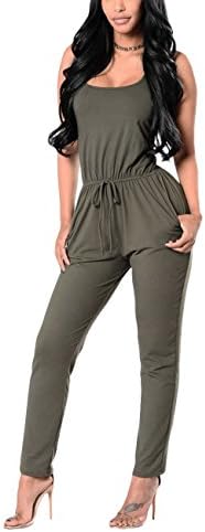 Ageena Womens Sleeveless Drawstring Cross Back Long Pants Jumpsuit Romper Olive Large