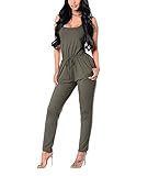 Ageena Womens Sleeveless Drawstring Cross Back Long Pants Jumpsuit Romper Olive Large