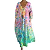 Women's Colorful Boho Floral 3/4 Sleeve Maxi Dress Flowy Casual V Neck Spring Holiday Long Tshirt Dress with Pockets