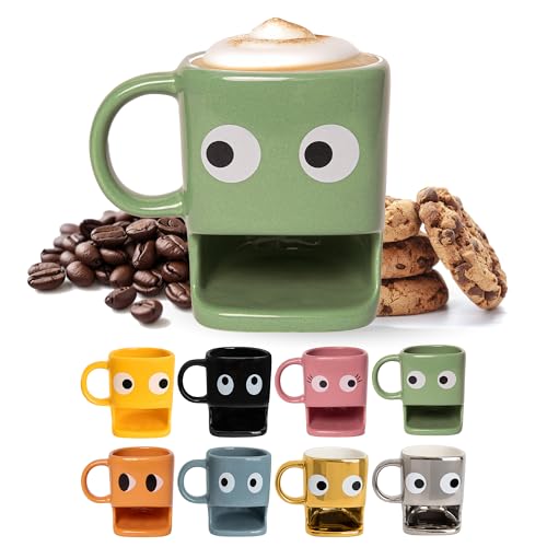 – Taza original para regalar “ojos”. Taza con soporte para galletas Taza de cerámica con hueco para galletas. Taza de 240 ml. (Verde)