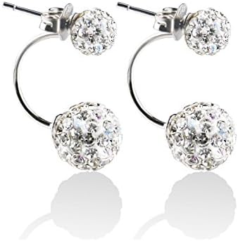 Blingery 925 Sterling Silver Earrings with 2 Imitation Diamond Spheres, White Gold-Plated