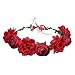 June Bloomy Women Rose Floral Crown Hair Wreath Leave Flower Headband with Adjustable Ribbon (Red)