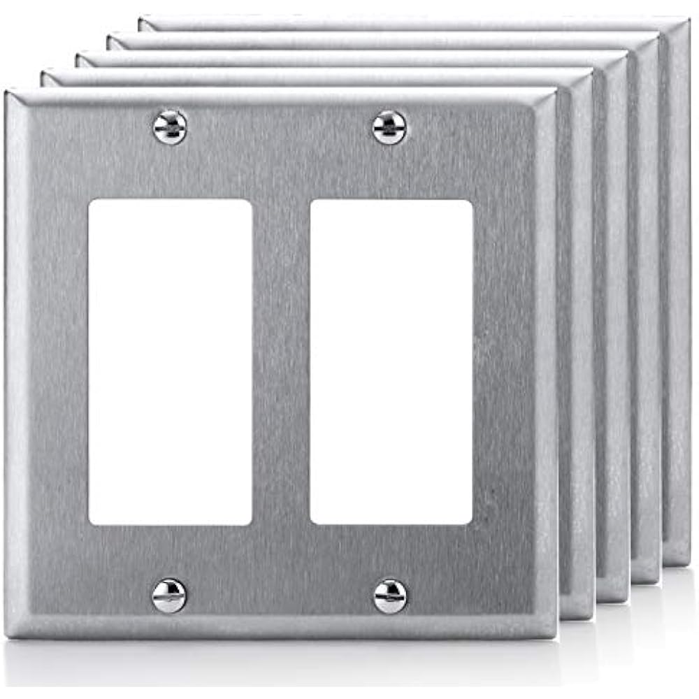 5 Wall Plates Pack 2 Gang Decor Metal Plate, Stainless Steel Outlet