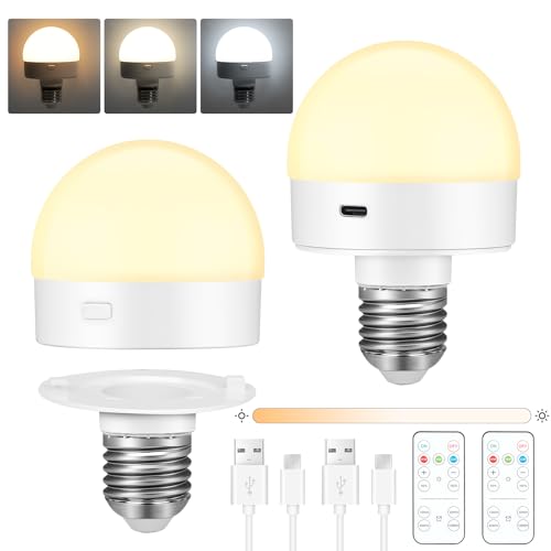 E27 Battery Operated Light Bulb, 2 Pack Rechargeable Cordless Bulbs with Remote Control, Detachable Magnetic Charging, Dimmable LED Bulb with 3 Color Temperatures & Timer for Lamps