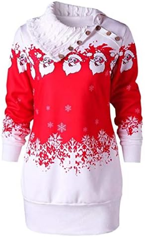 Christmas Pullover for Women Plus Size Sweatshirts Santa Claus Snowflake Print Buttons Tunic Long Top