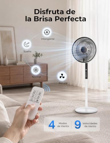 Ventilador de Pie, 22W, 9 Velocidades y 4 Modos, Temporizador 9h, Oscilante 90°, Altura Ajustable, Ventilador de Pie Silencioso con Pantalla LED y Mando a Distancia, para Dormitorio, Salón, Oficina