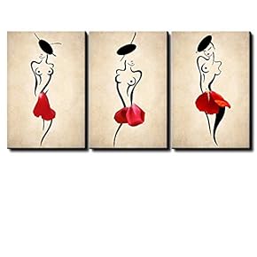 3 Piece Panel of Curvy Outline of a Sexy Nude Woman in a Hat with a Flower Petal for a Skirt - Canvas Art Home Art - 16x24 inches