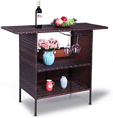 Cypressshop Outdoor Rattan Wicker Bar Table Garden Patio Counter Bar Shelves WinegGlass Holder Water UV Resistant Perfect Food Drink Prep for Patio, Garden, Backyard, Pool Side Home Furniture