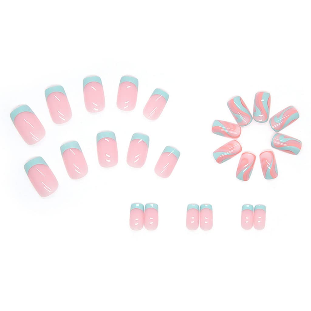 RikView French Tip Press on Nails Medium Fake Nails Blue Nails for Women with Swirls Design Square Acrylic Nails - Image 3