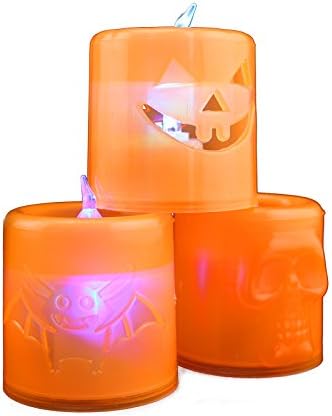 Deco4Fun Set of 24 Orange Halloween LED Tea Lights in Assorted Spooky Styles | Jack o Lantern, Bat, Skull | Battery Operated Unscented Flameless Candles | for Scary Party Event Decorations Votives