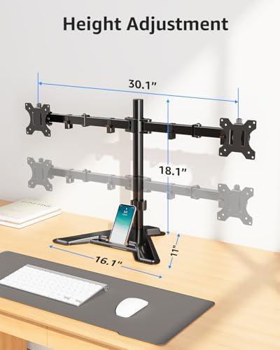 MOUNTUP Dual Monitor Stand - Freestanding & Height Adjustable Monitor Desk Mount, Steady VESA Mount Computer Stand for 2 Screens up to 27 inches, MU1002