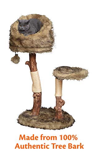 Pet Control HQ Cat Tree Condo 39 Inch Tall Scratcher Post Pet Bed Furniture, Authentic Pear Tree Bark Post with Activity House w/Scratching Sisal, Spacious Perch and Interactive Toy, Brown