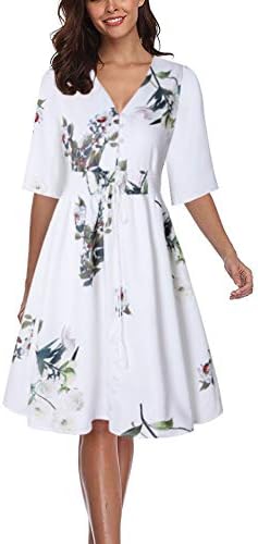 CHUNNA Women's Boho Floral Button up Half Sleeve Flowy Party Dress