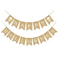 Happy Halloween Burlap Banner Garland Ghost Bunting Banner for Halloween Skull Party Decorations-White Skull