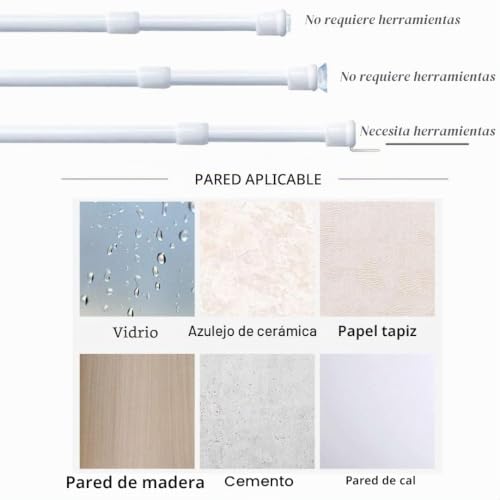 2 x Glass Curtain Rods No Drilling Extendable Curtain Pole with Snap Spring (60-80 cm, Φ10 mm)