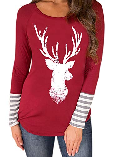 For G and PL Christmas Women Cotton Long Sleeve Letter Print Blouse Casual Striped Top Xmas Deer XXL