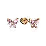 14k Yellow Gold Pink Small Butterfly Cubic Zirconia Children Screwback Baby Girls Earrings