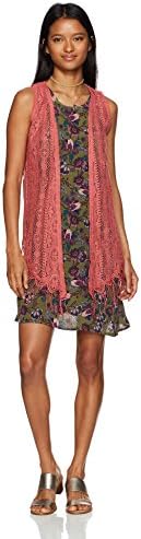 Self Esteem Women's 3fer Cami Dress With Back Key Hole Vest and Necklace, Dusty Cedar, XL