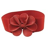 Lady Faux Leather Flower Decor Elastic Red Wide Cinch Belt