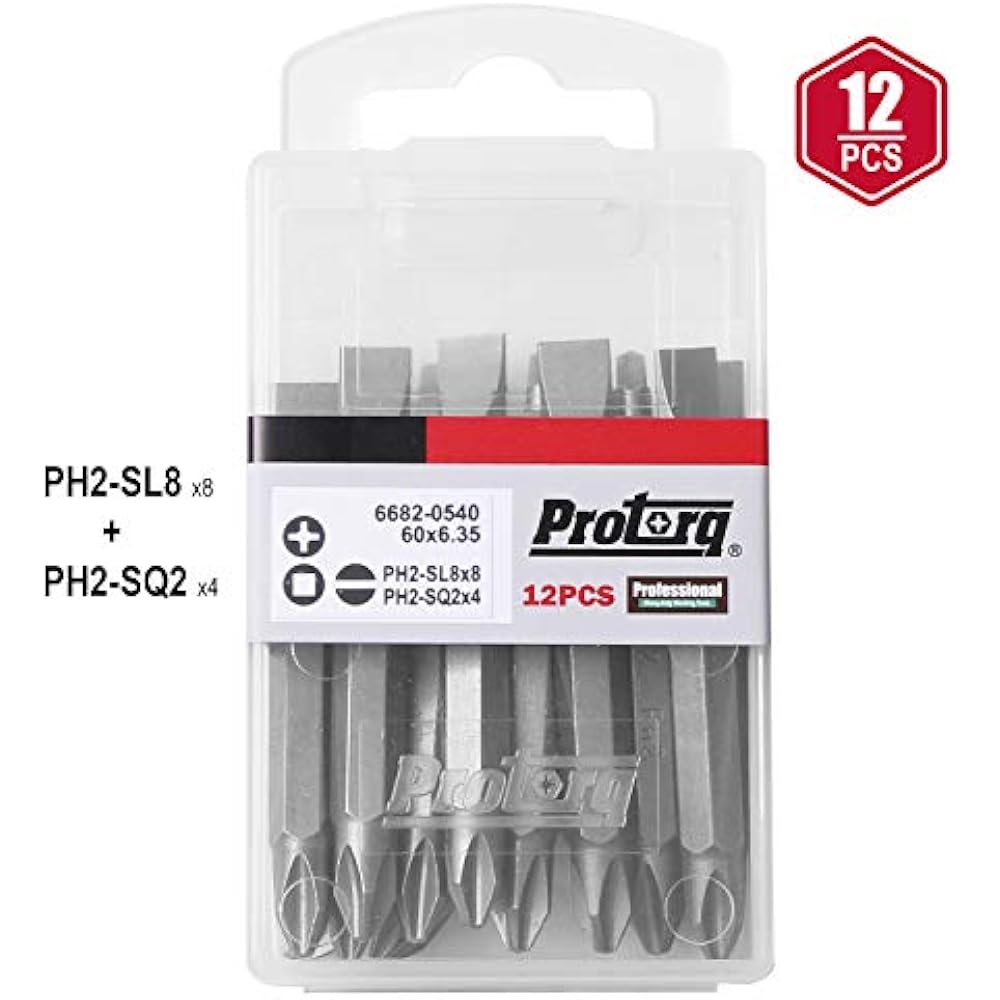Double Ended Drive Bits, Phillips 2 And Slotted 8, Square 2, 12 Pieces