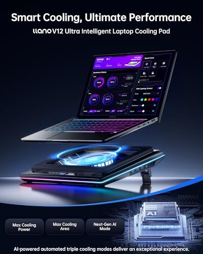 llano V12 Ultra Laptop Cooler with Intelligent Software Control, RGB Fan Support for Gaming Laptop, 5.5 Inch Turbo Fan, 3*USB 3.0, for 15.6 to 19 inch Laptop