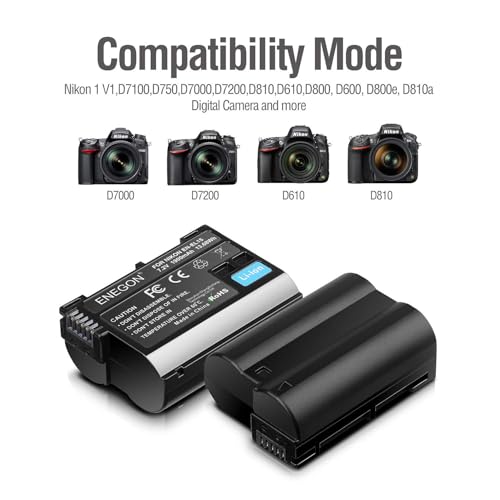 ENEGON EN-EL15C Batería 1900mAh para Nikon ZF, Z5, Z6,Z6 II/III, Z7, Z8; D7500, D7000, D7100, D7200, D500, D600, D610, D750, D780, D800, D810, D800E, D810A, D850 Cámara réflex Digital.