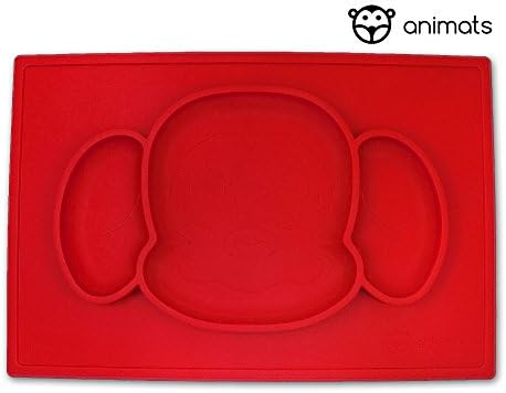 Animats Silicone Children's Monkey Place mats (3 Meal Sections) - Silicone Dinner Mats for Infants, Babies and Toddlers - BPA Free, Food-Grade, Dishwasher Safe Food Tray (Red)