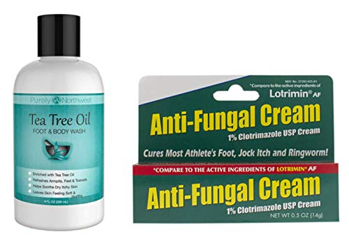 Purely Northwest Anti-Fungal Kit with Tea Tree Oil Foot & Body Wash 9 oz with 1% Clotrimazole USP Cream 0.5 oz Cures Most Athletes Foot, Jock Itch, Nail Fungus, Ringworm, Acne & Body Odor